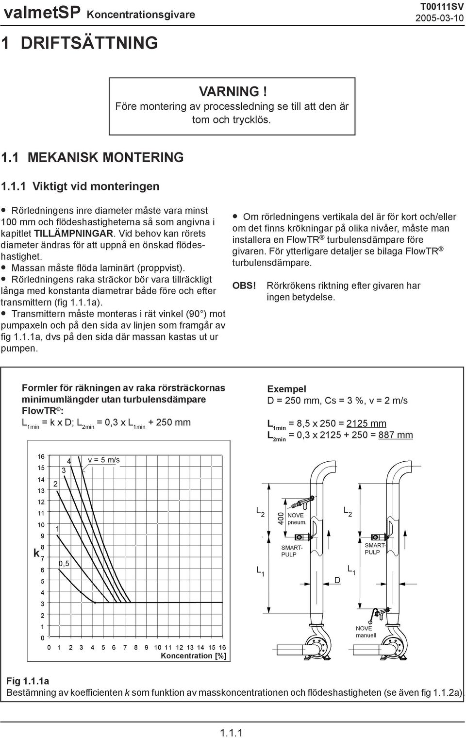 Rörledningens raka sträckor bör vara tillräckligt långa med konstanta diametrar både före och efter transmittern (fig 1.1.1a).