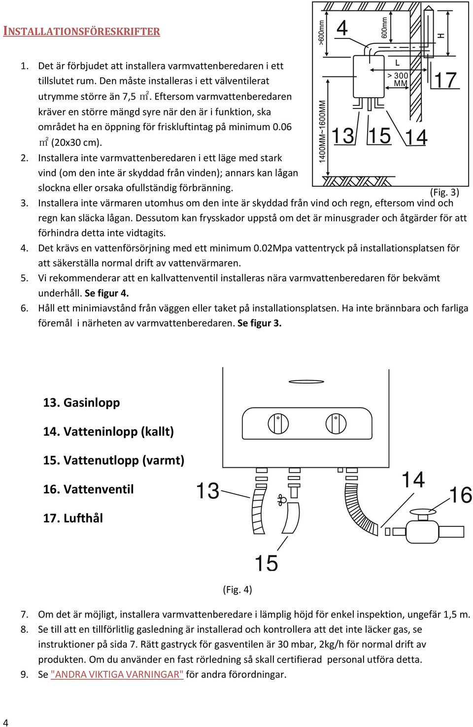 Installera inte varmvattenberedaren i ett läge med stark vind (om den inte är skyddad från vinden); annars kan lågan slockna eller orsaka ofullständig förbränning. (Fig. 3) 3.