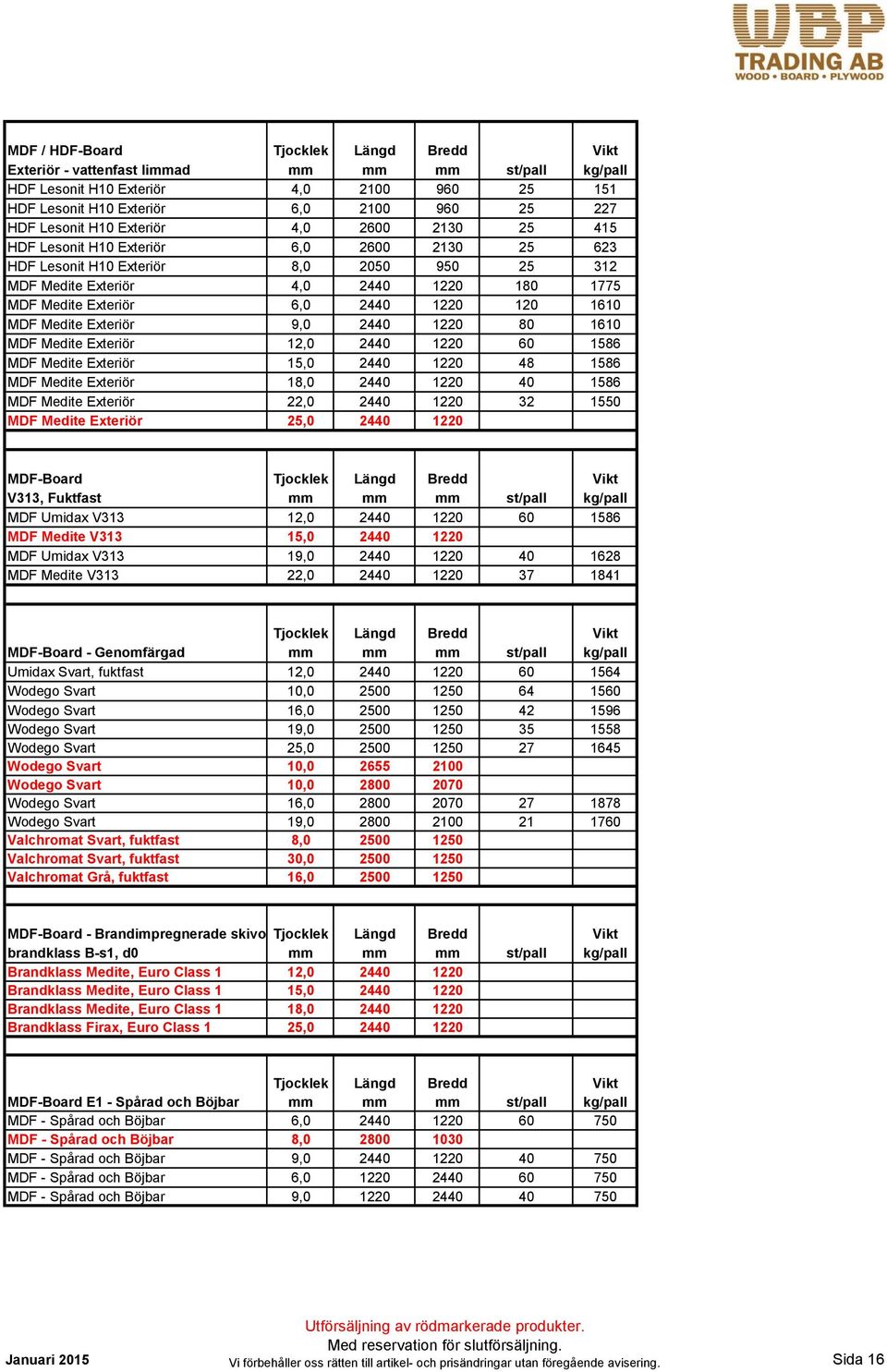 Exteriör 9,0 2440 1220 80 1610 MDF Medite Exteriör 12,0 2440 1220 60 1586 MDF Medite Exteriör 15,0 2440 1220 48 1586 MDF Medite Exteriör 18,0 2440 1220 40 1586 MDF Medite Exteriör 22,0 2440 1220 32