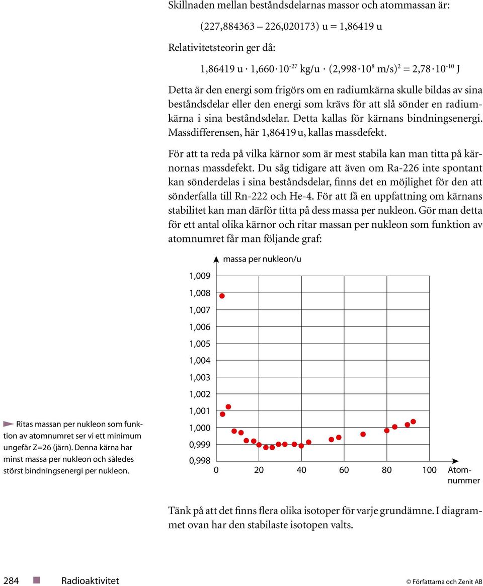 Detta kallas för kärnans bindningsenergi. Massdifferensen, här, u, kallas massdefekt. För att ta reda på vilka kärnor som är mest stabila kan man titta på kärnornas massdefekt.