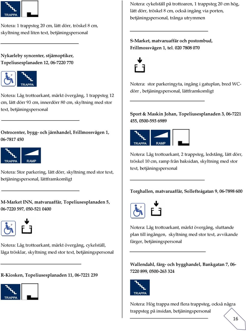 020 7808 070 Notera: Låg trottoarkant, märkt övergång, 1 trappsteg 12 cm, lätt dörr 93 cm, innerdörr 80 cm, skyltning med stor text, betjäningspersonal Notera: stor parkeringyta, ingång i gatuplan,