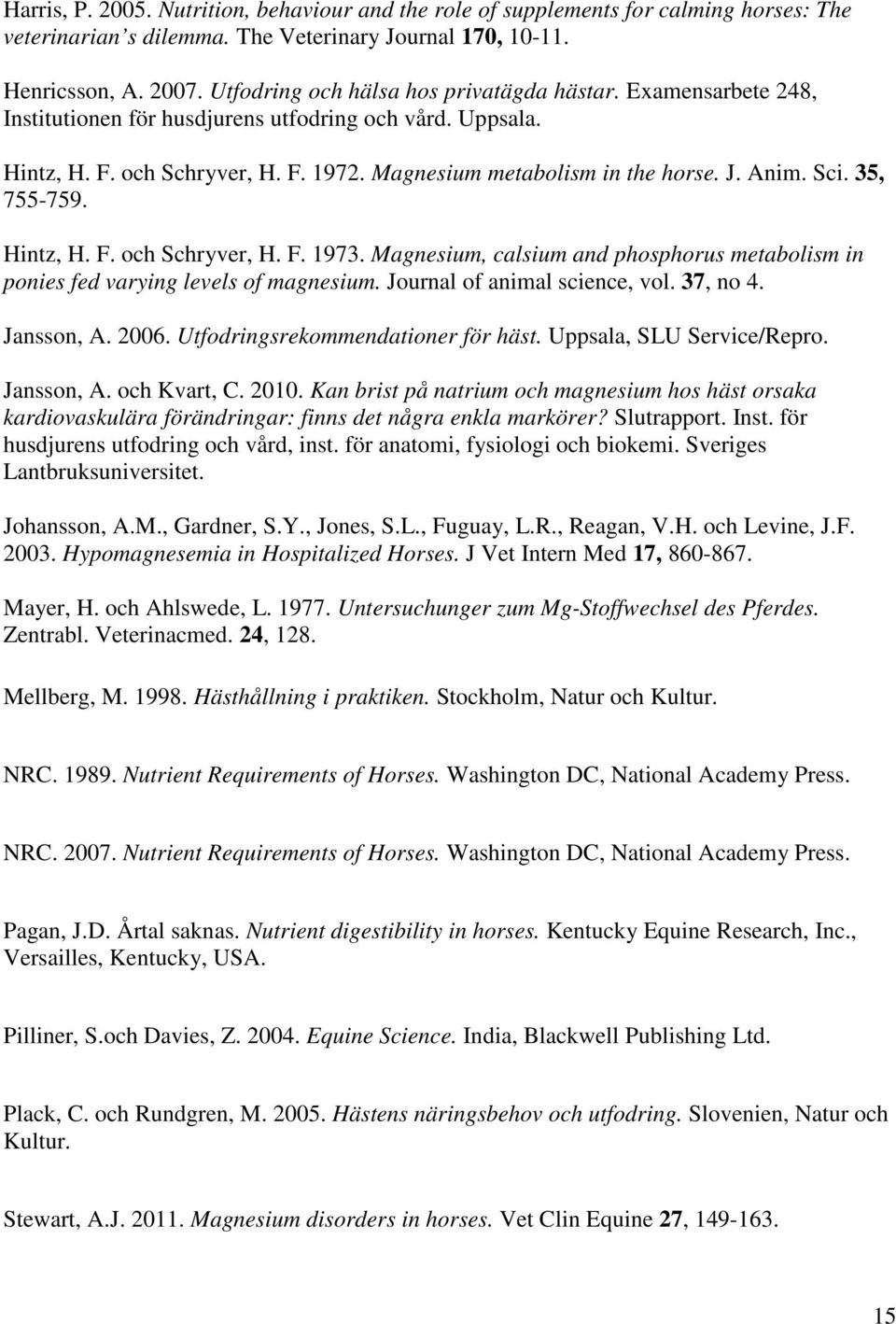 Anim. Sci. 35, 755-759. Hintz, H. F. och Schryver, H. F. 1973. Magnesium, calsium and phosphorus metabolism in ponies fed varying levels of magnesium. Journal of animal science, vol. 37, no 4.