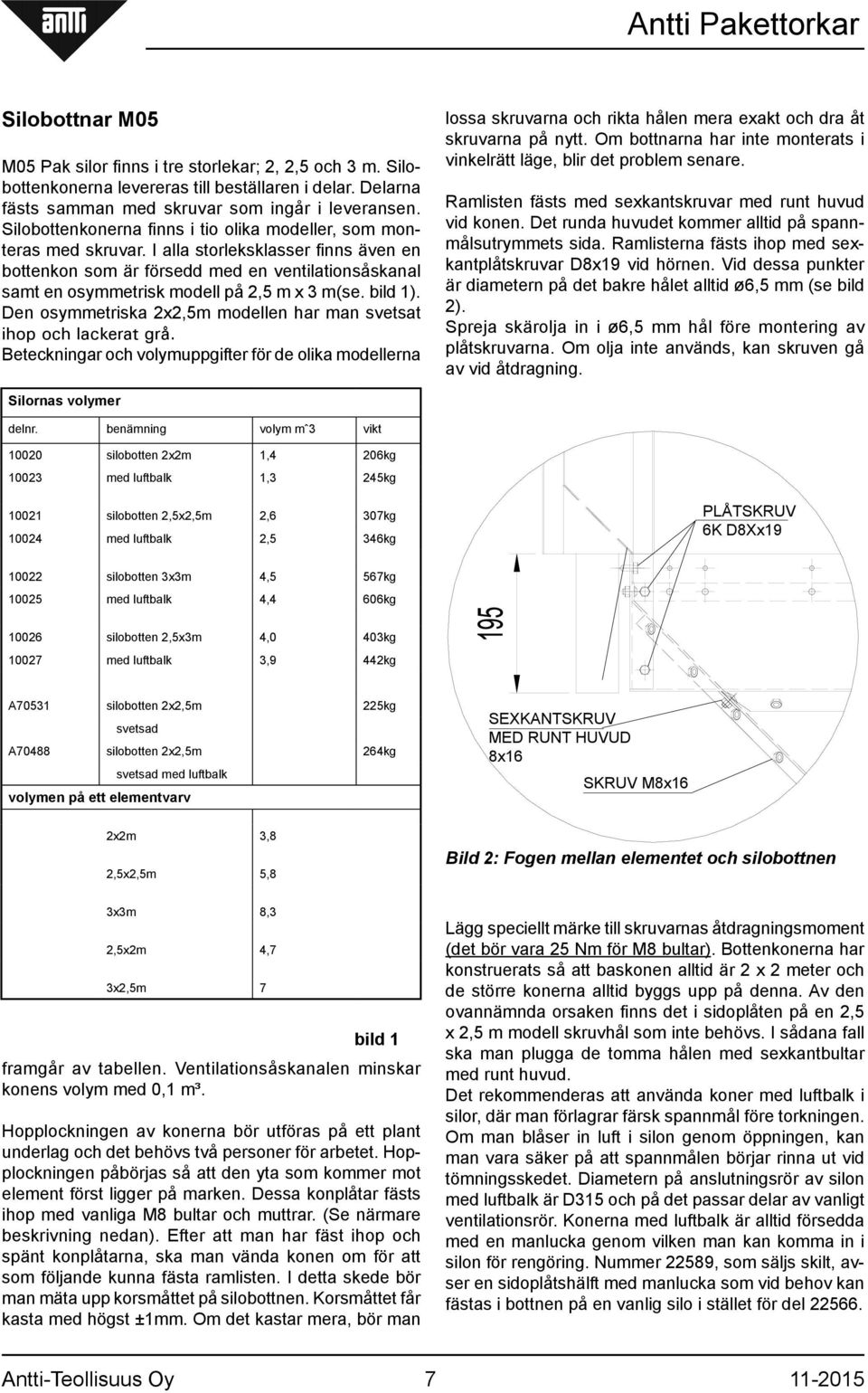 I alla storleksklasser finns även en bottenkon som är försedd med en ventilationsåskanal samt en osymmetrisk modell på 2,5 m x 3 m(se. bild 1).