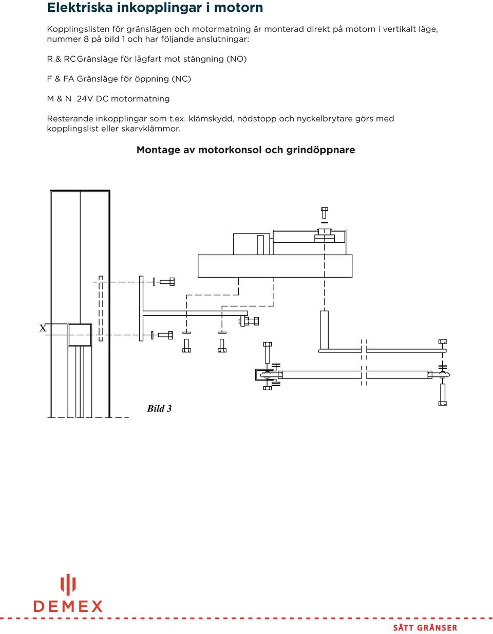 (NO) F & FA Gränsläge för öppning (NC) M & N 24V DC motormatning Resterande inkopplingar som t.ex.