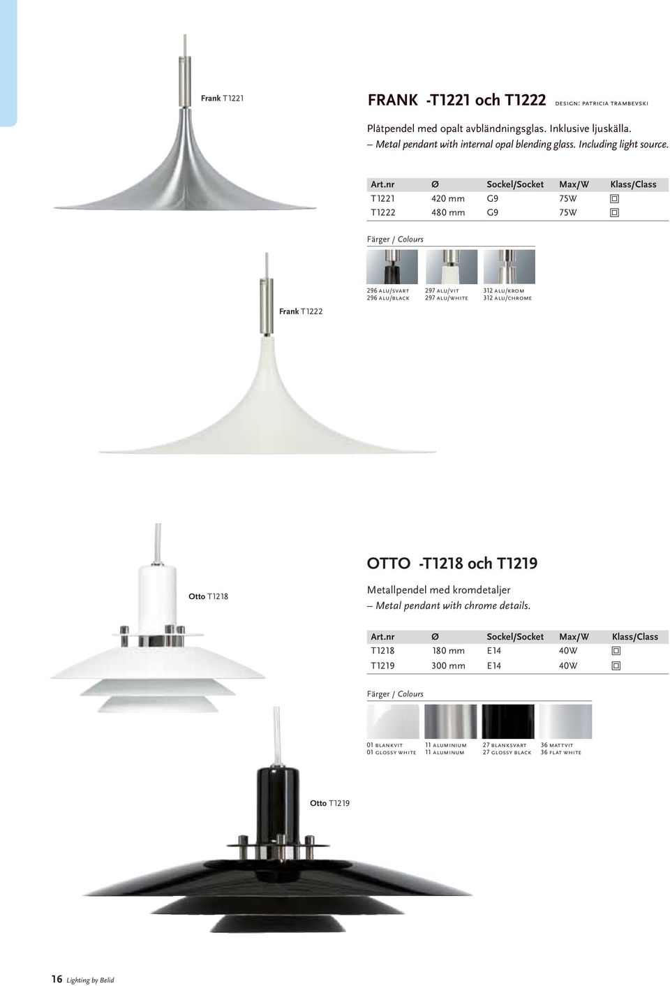 nr Ø Sockel/Socket Max/W Klass/Class T1221 420 mm G9 75W T1222 480 mm G9 75W 296 alu/svart 297 alu/vit 312 alu/krom 296 alu/black 297 alu/white 312 alu/chrome Frank T1222