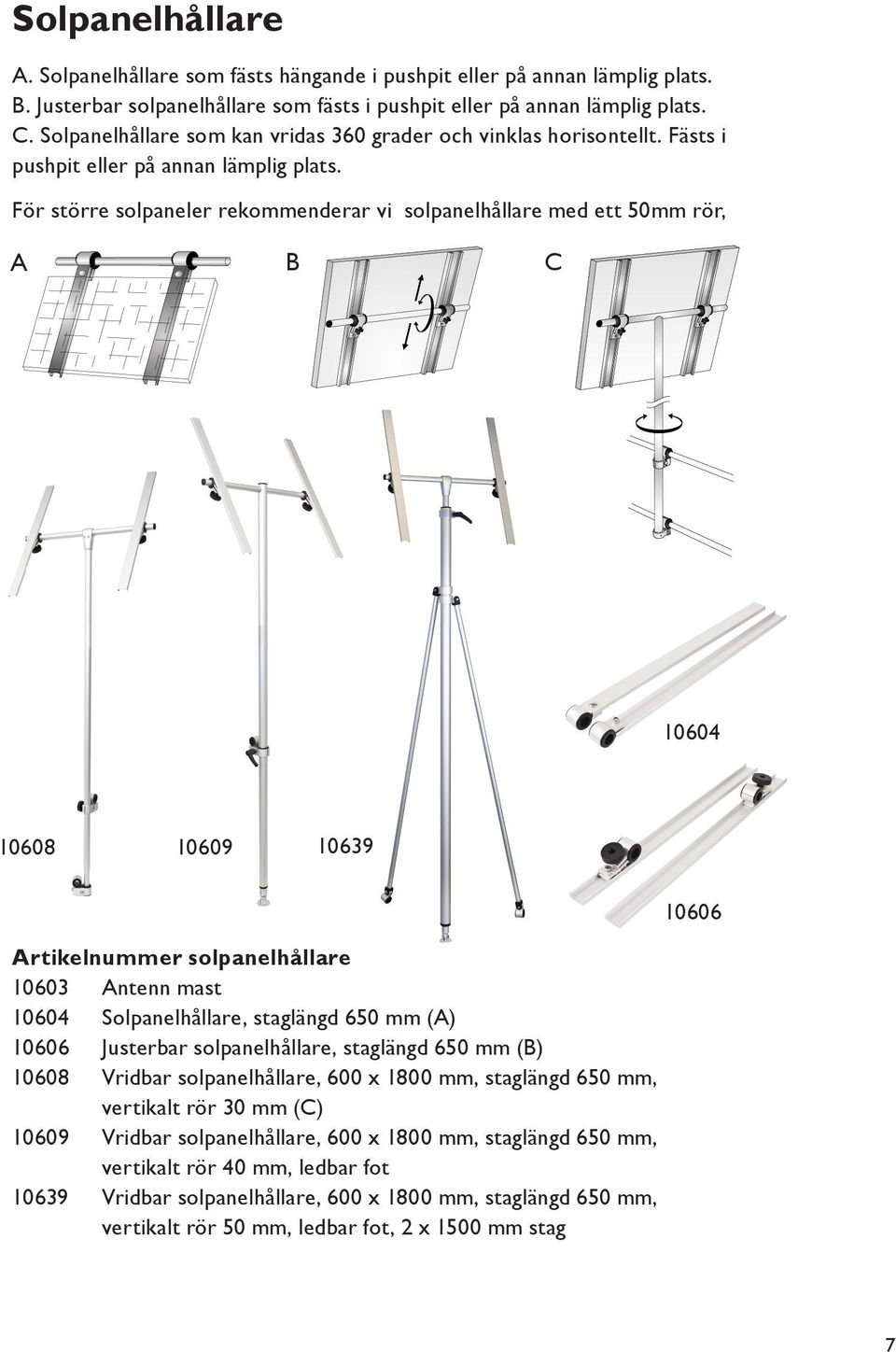 För större solpaneler rekommenderar vi solpanelhållare med ett 50mm rör, A B C 10604 10608 10609 10639 Artikelnummer solpanelhållare 10603 Antenn mast 10604 Solpanelhållare, staglängd 650 mm (A)