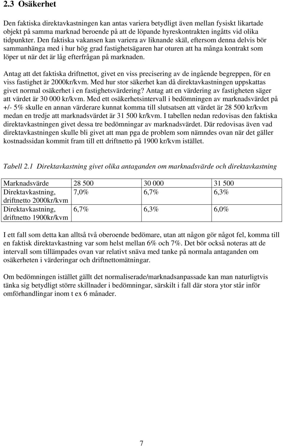 på marknaden. Antag att det faktiska driftnettot, givet en viss precisering av de ingående begreppen, för en viss fastighet är 2000kr/kvm.