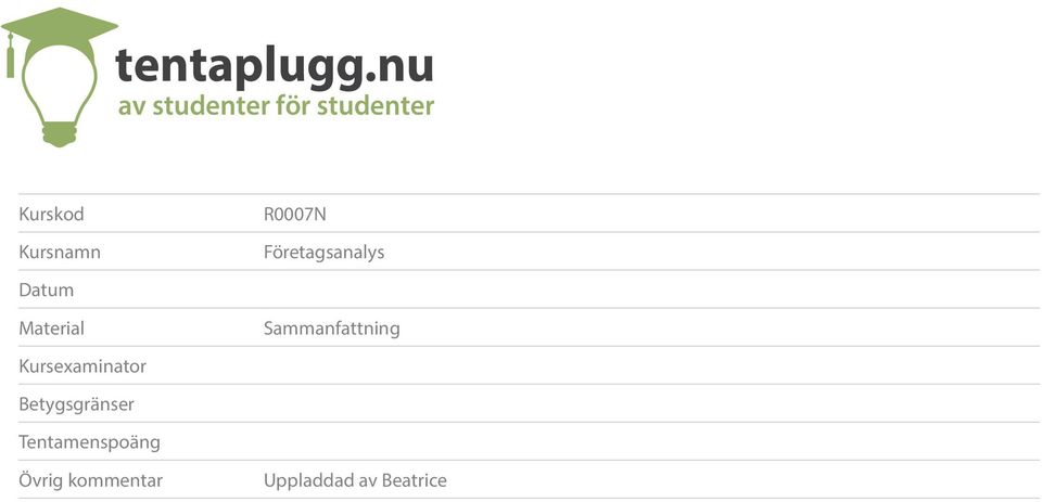 Kursnamn R0007N Företagsanalys Datum