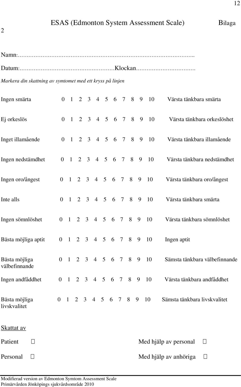 1 2 3 4 5 6 7 8 9 10 Värsta tänkbara illamående Ingen nedstämdhet 0 1 2 3 4 5 6 7 8 9 10 Värsta tänkbara nedstämdhet Ingen oro/ångest 0 1 2 3 4 5 6 7 8 9 10 Värsta tänkbara oro/ångest Inte alls 0 1 2