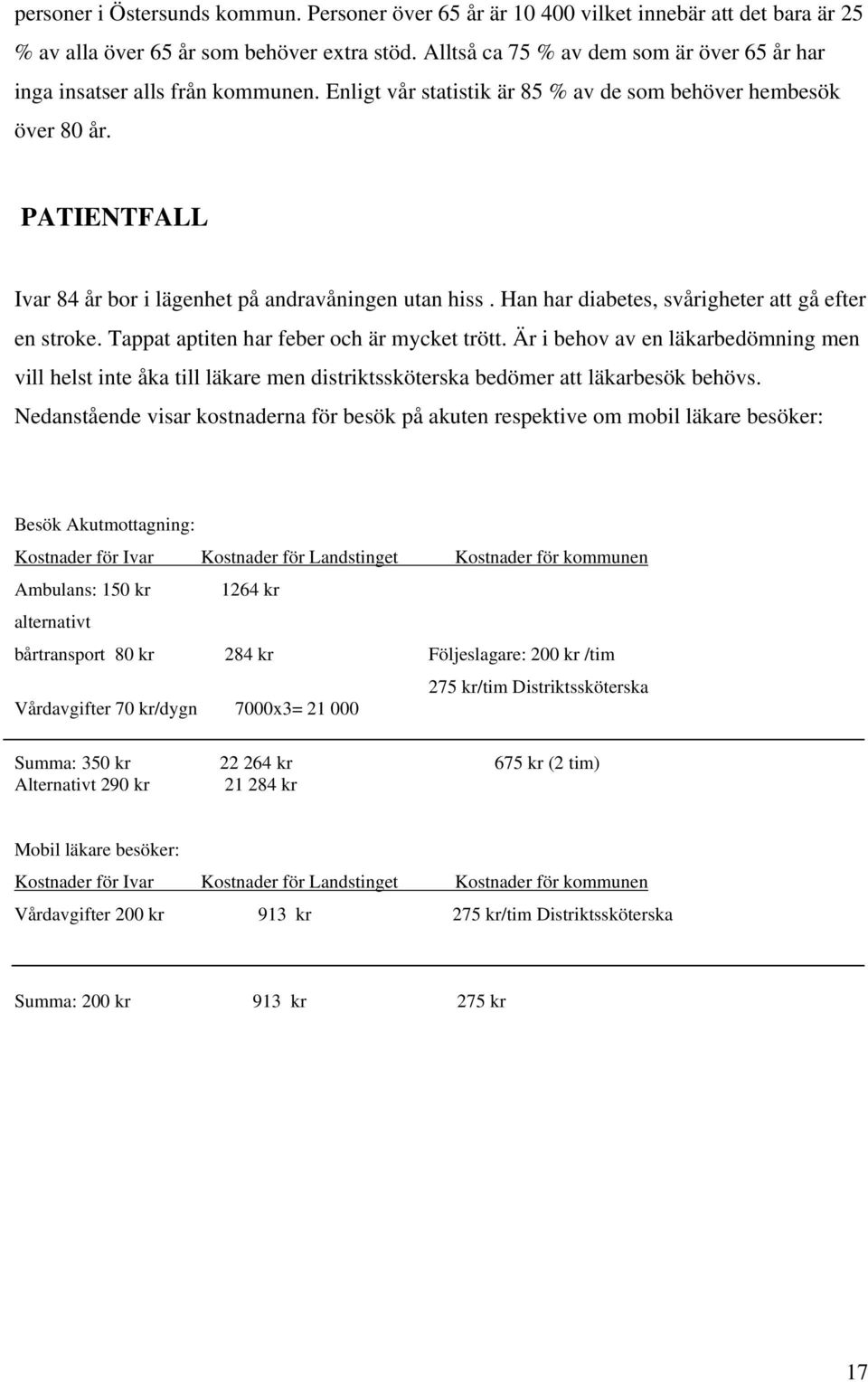 PATIENTFALL Ivar 84 år bor i lägenhet på andravåningen utan hiss. Han har diabetes, svårigheter att gå efter en stroke. Tappat aptiten har feber och är mycket trött.