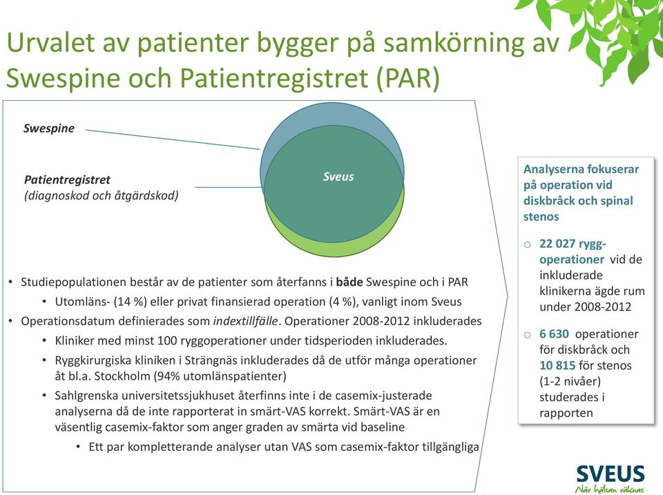 indextillfälle. Operationer 2008-2012 inkluderades Kliniker med minst 100 ryggoperationer under tidsperioden inkluderades.