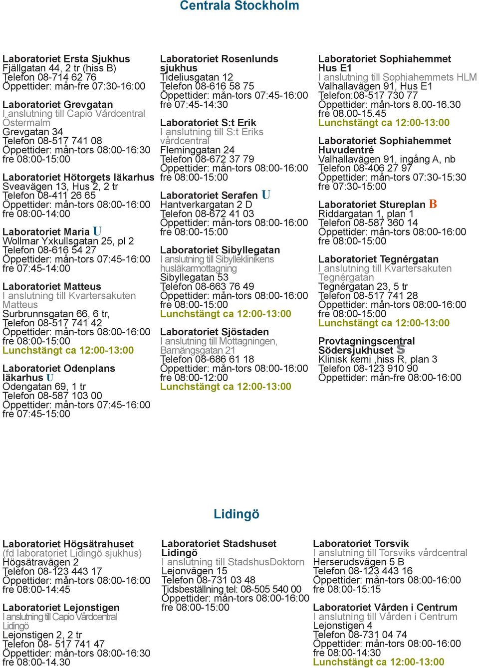 Kvartersakuten Matteus Surbrunnsgatan 66, 6 tr, Telefon 08-517 741 42 Laboratoriet Odenplans läkarhus U Odengatan 69, 1 tr Telefon 08-587 103 00 fre 07:45-15:00 Laboratoriet Rosenlunds sjukhus