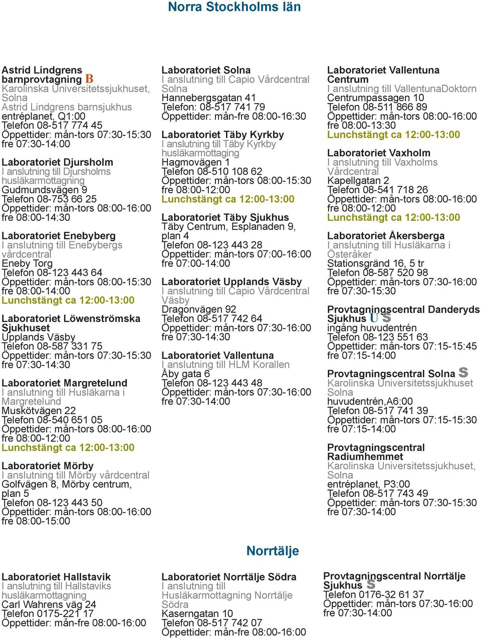 08-587 331 75 Laboratoriet Margretelund I anslutning till Husläkarna i Margretelund Muskötvägen 22 Telefon 08-540 651 05 Laboratoriet Mörby I anslutning till Mörby Golfvägen 8, Mörby centrum, plan 5