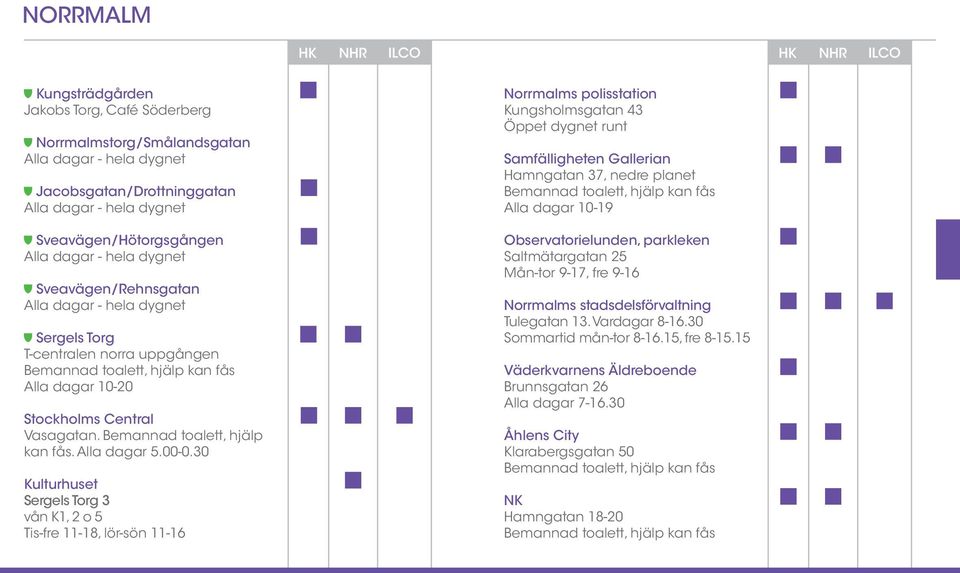 30 Kulturhuset Sergels Torg 3 vån K1, 2 o 5 Tis-fre 11-18, lör-sön 11-16 Norrmalms polisstation Kungsholmsgatan 43 Öppet dygnet runt Samfälligheten Gallerian Hamngatan 37, nedre planet Bemannad