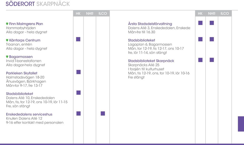 30 Stadsbiblioteket Lagaplan 6, Bagarmossen Mån, tor 12-19, tis 12-17, ons 10-17 fre, lör 11-14, sön stängt Stadsbiblioteket Skarpnäck Skarpnäcks Allé 25 I foajén till kulturhuset