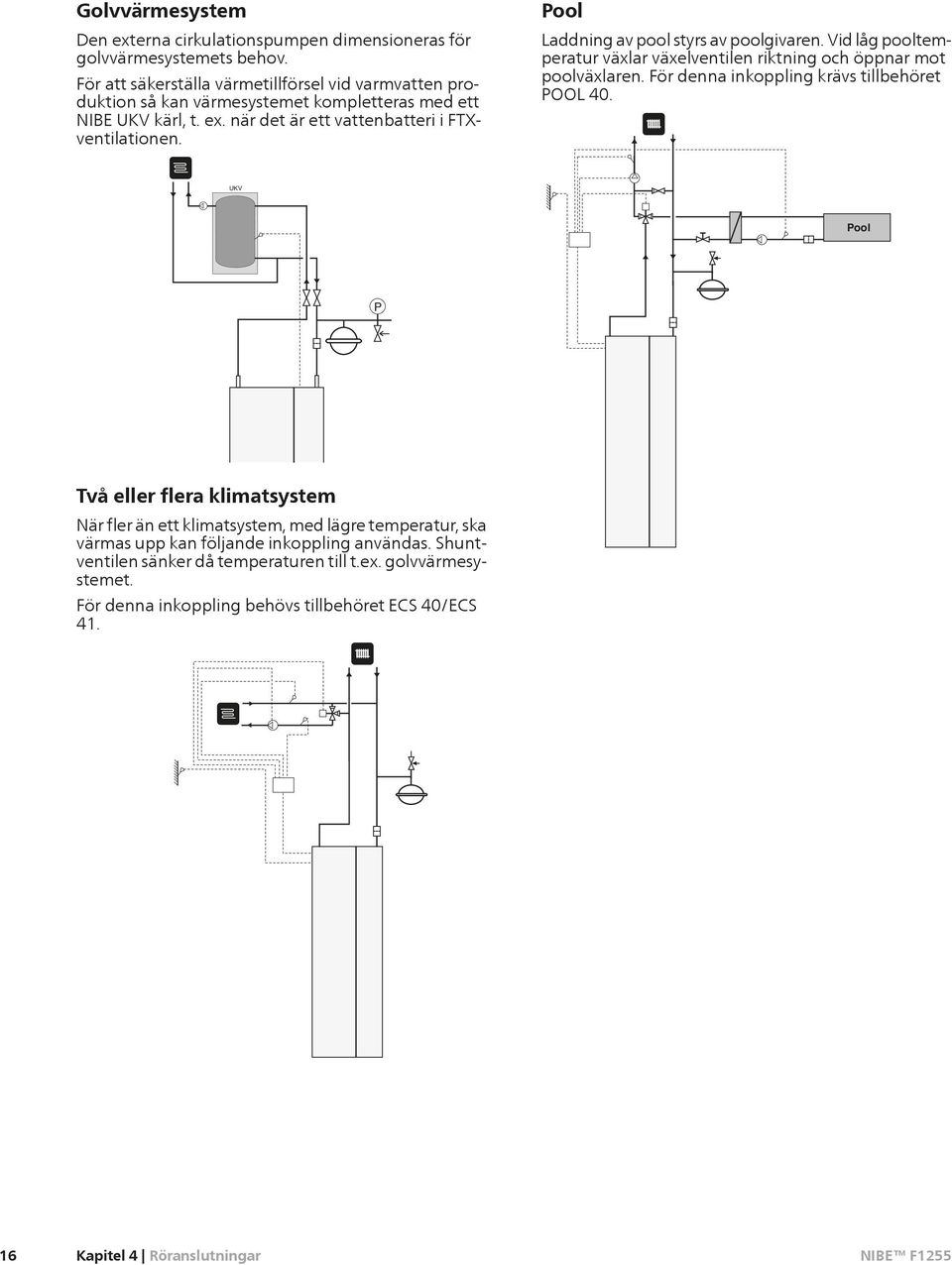 Pool Laddning av pool styrs av poolgivaren. Vid låg pooltemperatur växlar växelventilen riktning och öppnar mot poolväxlaren. För denna inkoppling krävs tillbehöret POOL 40.