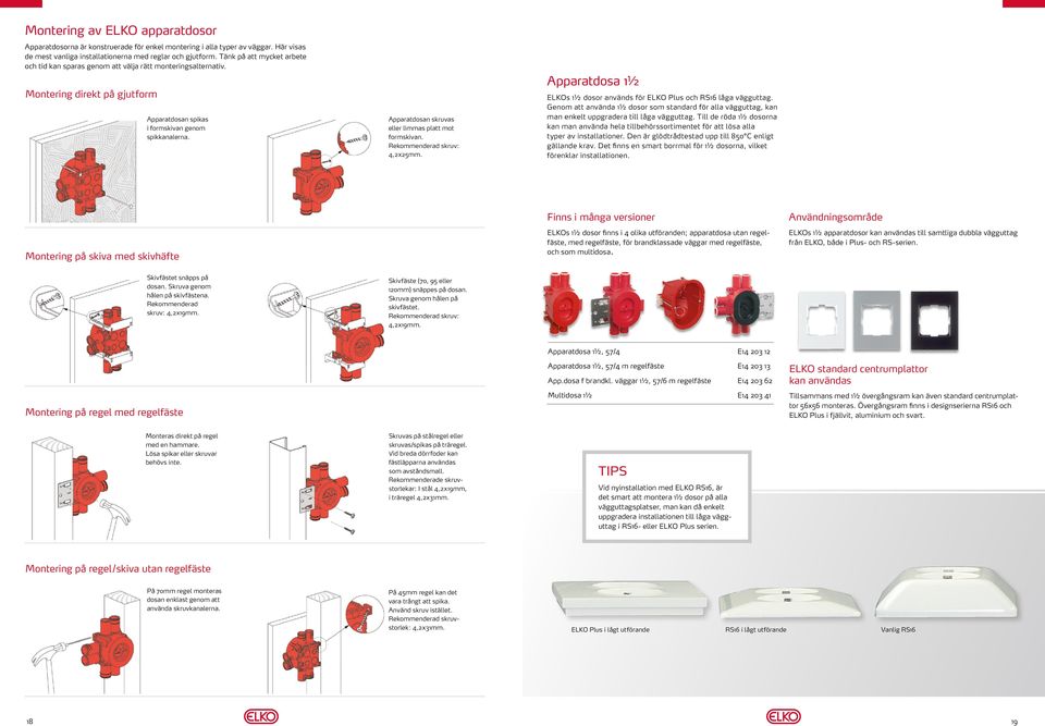Apparatdosan skruvas eller limmas platt mot formskivan. Rekommenderad skruv: 4,2x25mm. Apparatdosa 1½ ELKOs 1½ dosor används för ELKO Plus och RS16 låga vägguttag.