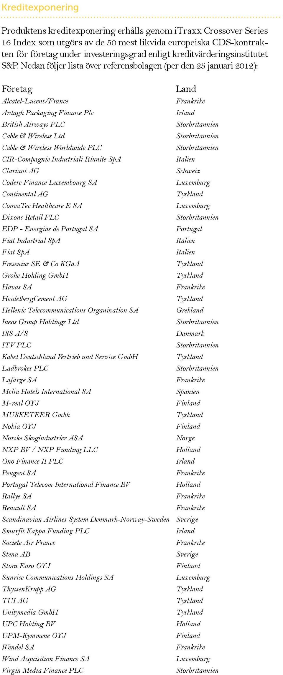 Nedan följer lista över referensbolagen (per den 25 januari 2012): Företag Alcatel-Lucent/France Ardagh Packaging Finance Plc British Airways PLC Cable & Wireless Ltd Cable & Wireless Worldwide PLC