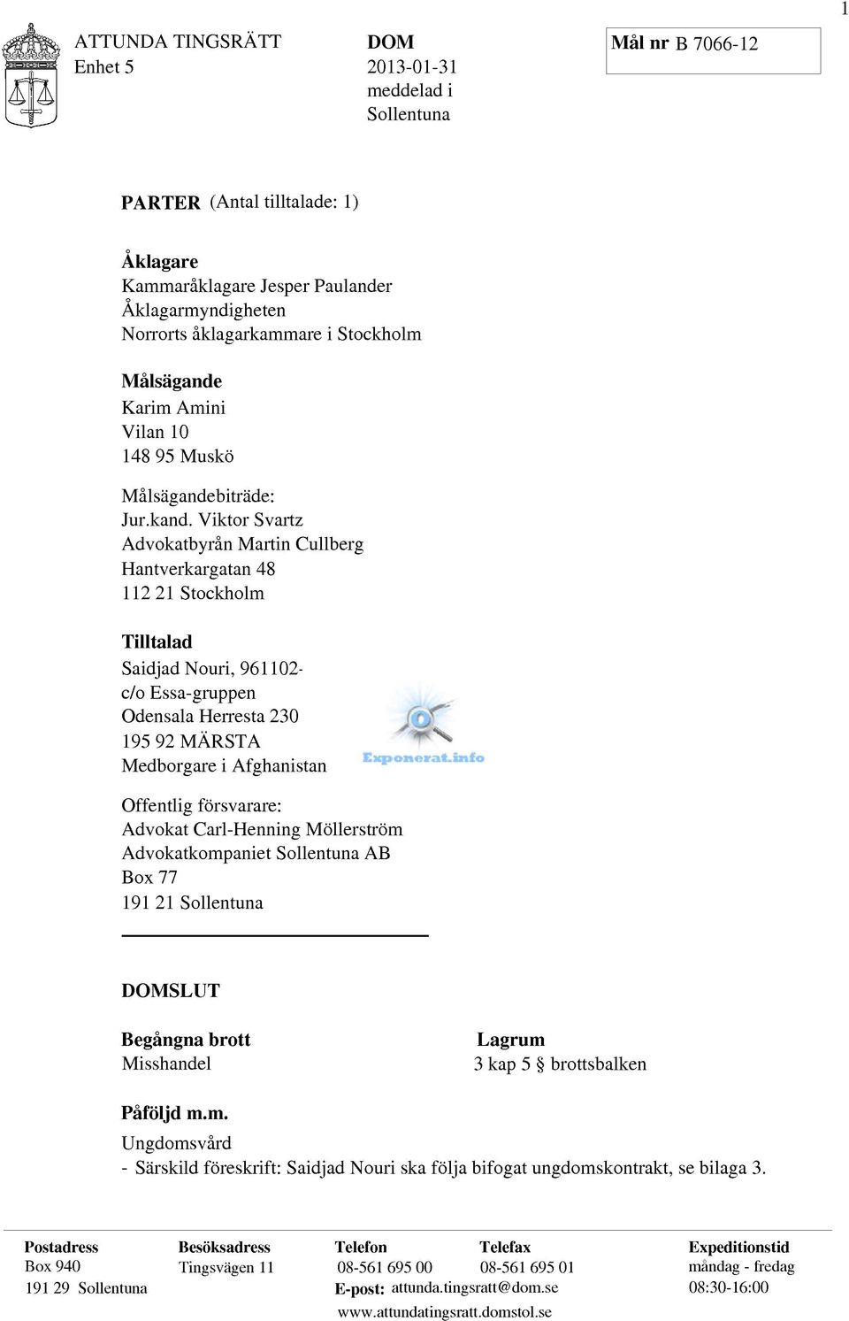 Viktor Svartz Advokatbyrån Martin Cullberg Hantverkargatan 48 11221 Stockholm Tilltalad Saidjad Nouri, 961102-3236 c/o Essä-gruppen Odensala Herresta 230 195 92 MÄRSTA Medborgare i Afghanistan