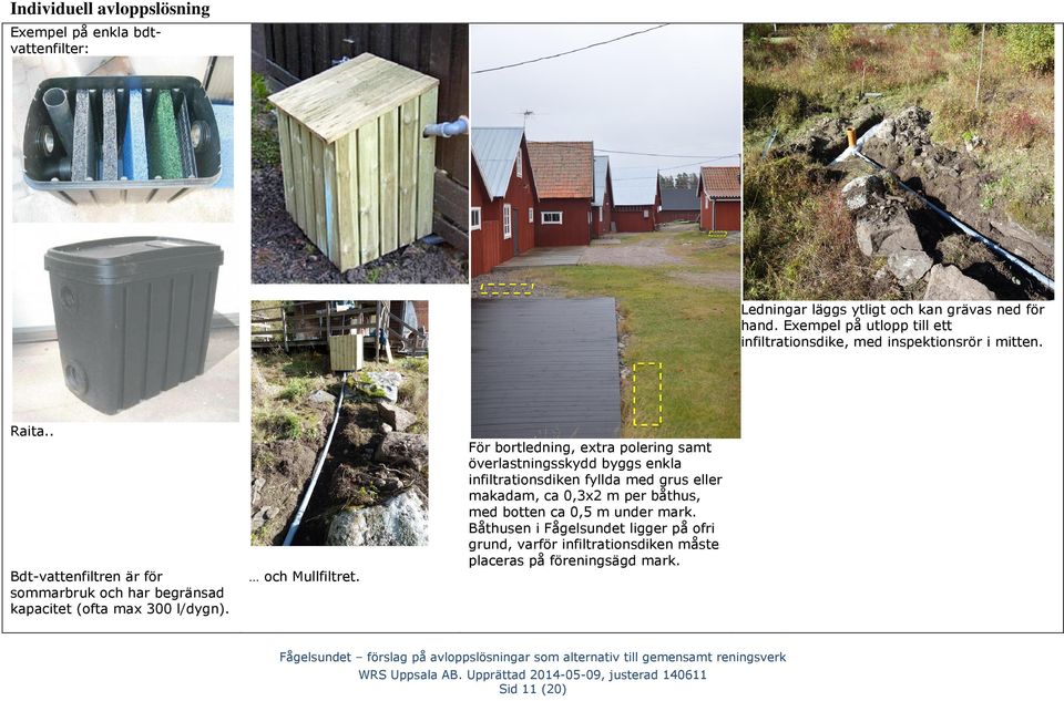 . För bortledning, extra polering samt överlastningsskydd byggs enkla infiltrationsdiken fyllda med grus eller makadam, ca 0,3x2 m per båthus, med