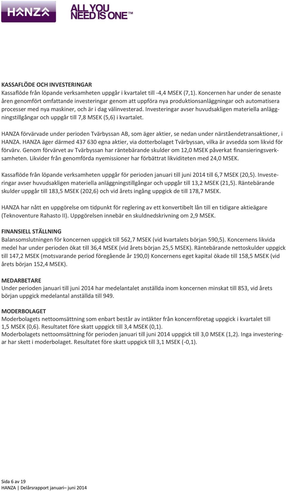 Investeringar avser huvudsakligen materiella anläggningstillgångar och uppgår till 7,8 MSEK (5,6) i kvartalet.