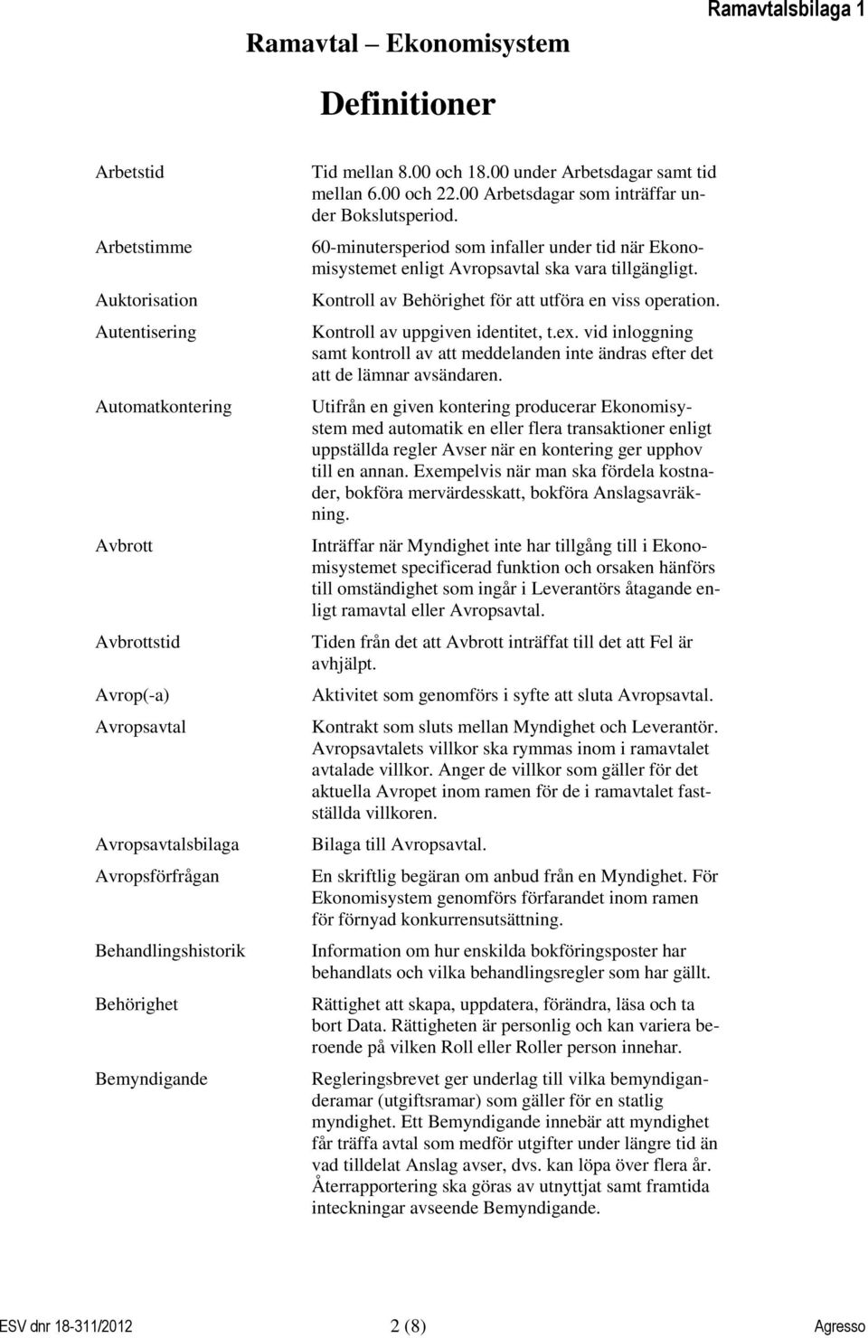 60-minutersperiod som infaller under tid när Ekonomisystemet enligt Avropsavtal ska vara tillgängligt. Kontroll av Behörighet för att utföra en viss operation. Kontroll av uppgiven identitet, t.ex.