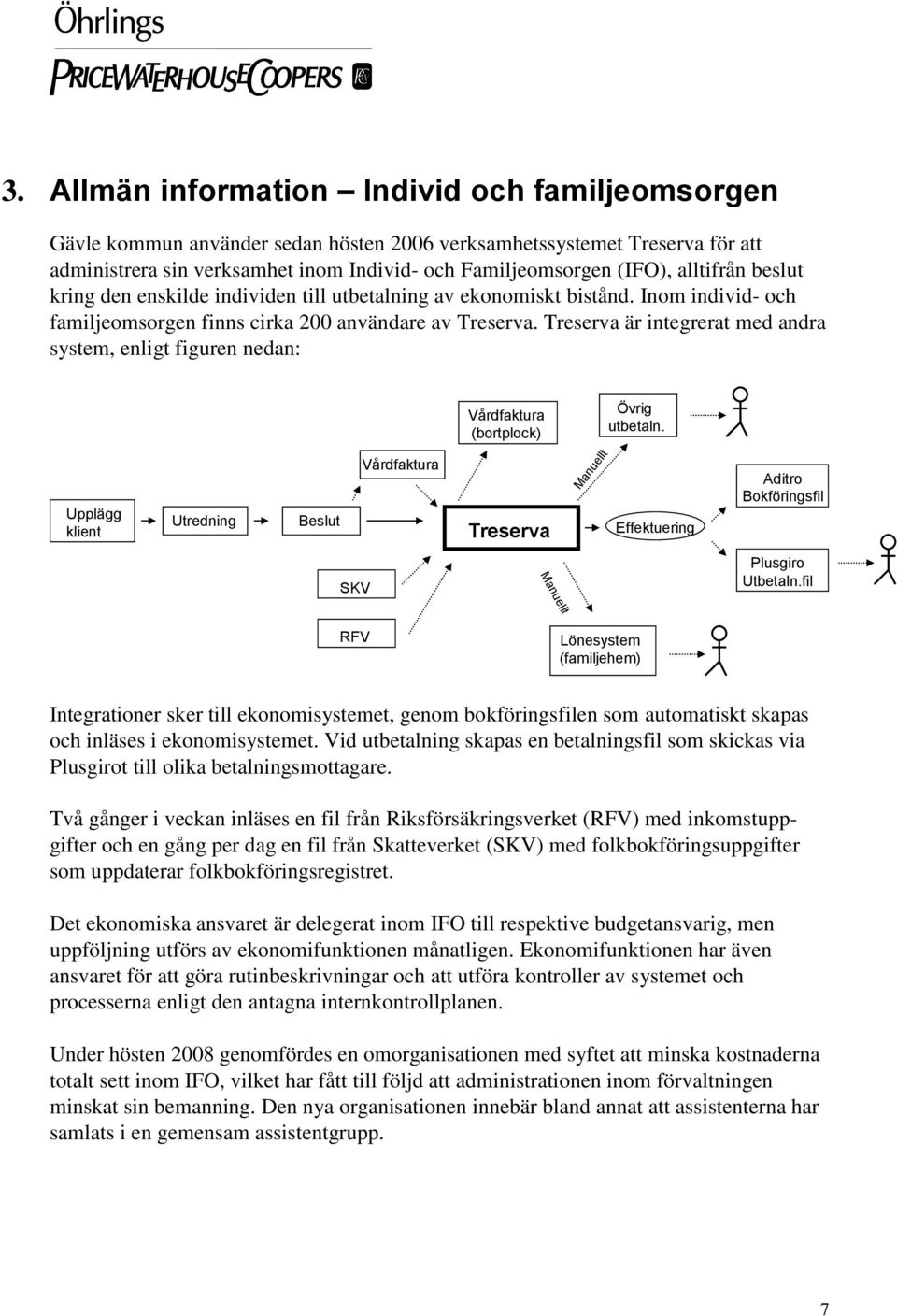Treserva är integrerat med andra system, enligt figuren nedan: Vårdfaktura (bortplock) Upplägg klient Utredning Beslut Vårdfaktura Treserva SKV Manuellt Övrig utbetaln.