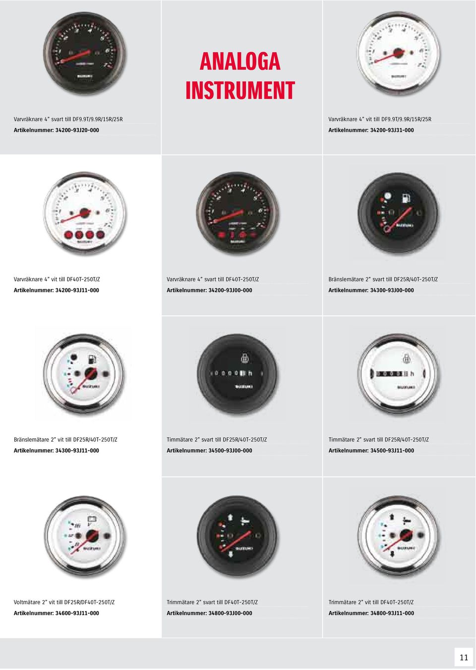 9R/15R/25R Artikelnummer: 34200-93J31-000 Varvräknare 4 vit till DF40T-250T/Z Artikelnummer: 34200-93J11-000 Varvräknare 4 svart till DF40T-250T/Z Artikelnummer: 34200-93J00-000 Bränslemätare 2 svart