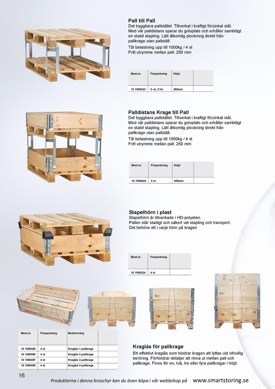 Tål belastning upp till 1000kg / 4 st Fritt utrymme mellan pall: 250 mm Förpackning Höjd 16 1000423 2 vä, 2 hö 450mm Palldistans Krage till Pall Det byggbara pallstället.