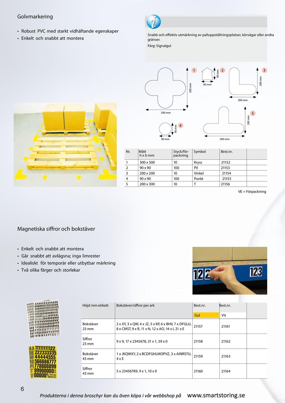 h x b mm Styck/förpackning Symbol 1 300 x 300 10 Kryss 21152 2 90 x 90 100 Pil 21153 3 200 x 200 10 Vinkel 21154 4 90 x 90 100 Punkt 21155 5 200 x 300 10 T 21156 VE = Förpackning Magnetiska siffror