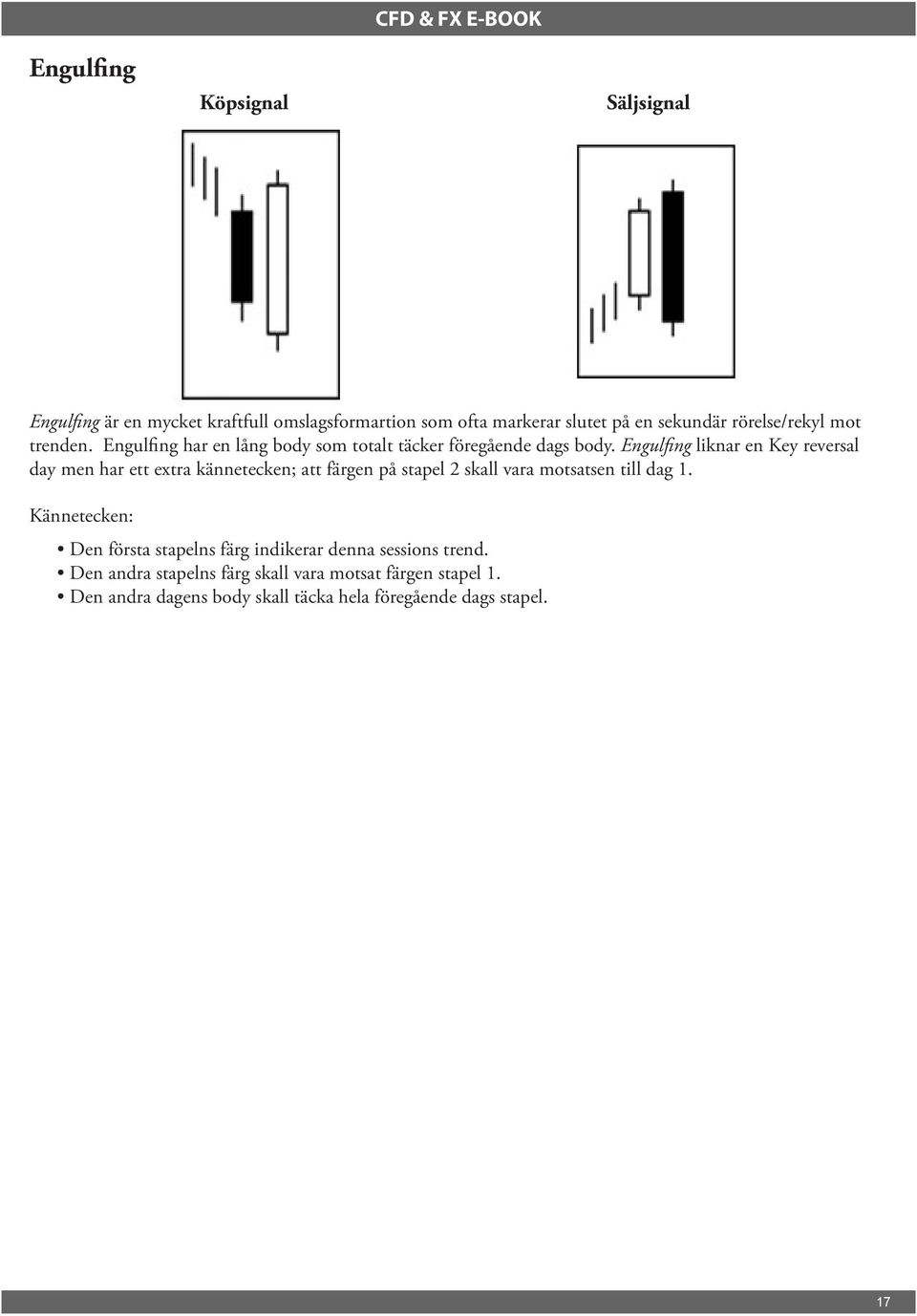 Engulfing liknar en Key reversal day men har ett extra kännetecken; att färgen på stapel 2 skall vara motsatsen till dag 1.