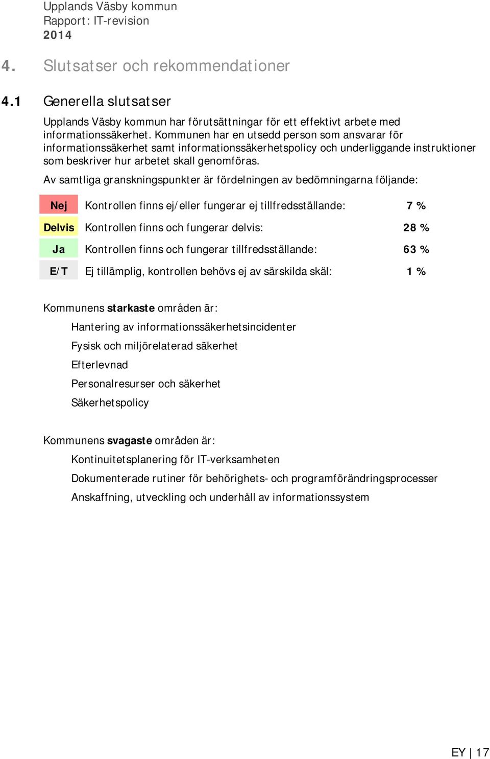 Av samtliga granskningspunkter är fördelningen av bedömningarna följande: Nej Kontrollen finns ej/eller fungerar ej tillfredsställande: 7 % Kontrollen finns och fungerar delvis: 28 % Kontrollen finns