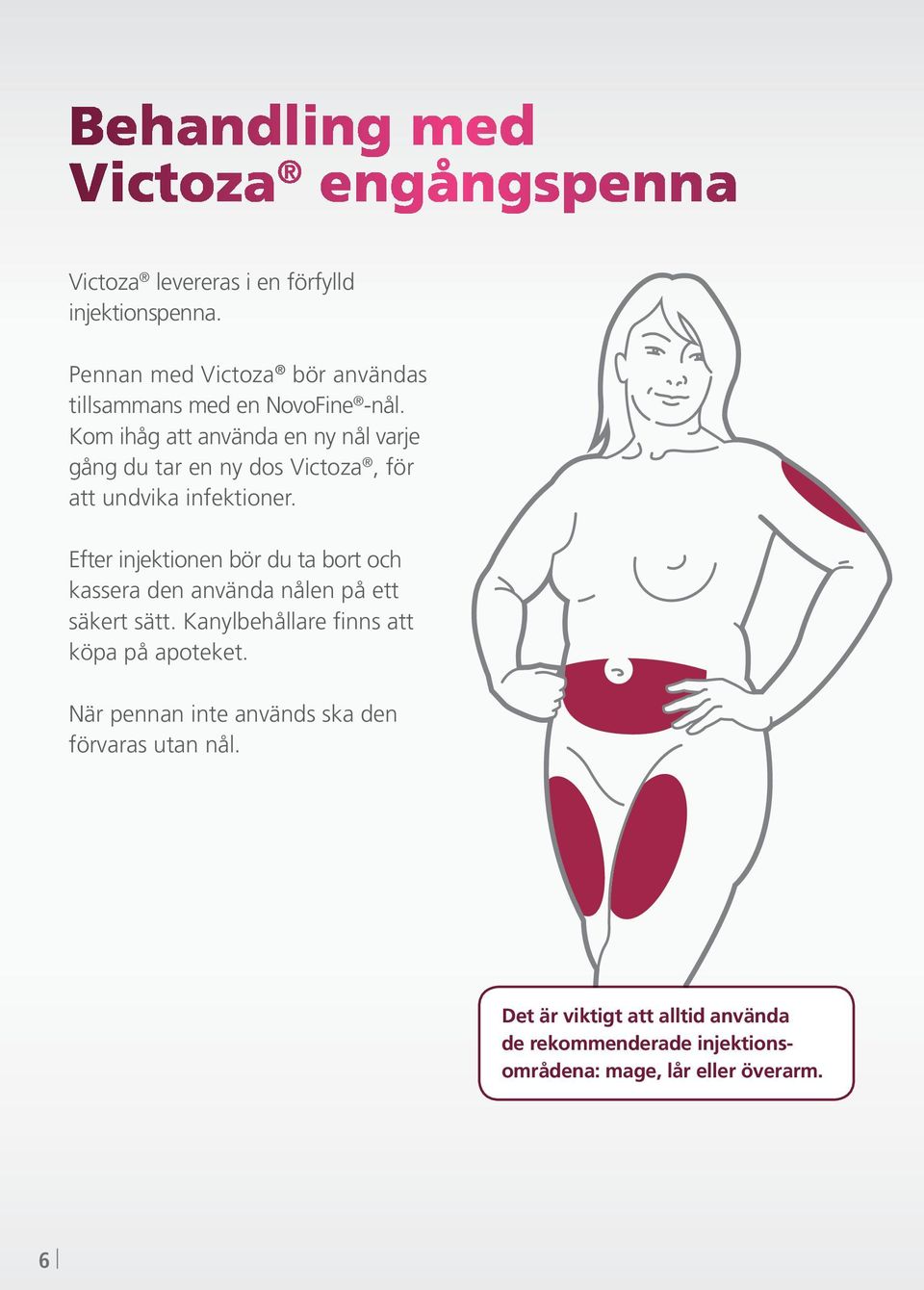Kom ihåg att använda en ny nål varje gång du tar en ny dos Victoza, för att undvika infektioner.