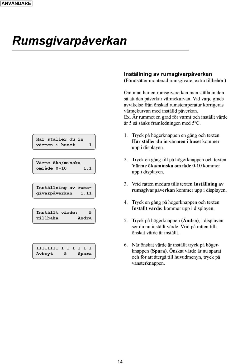 Här ställer du in värmen i huset 1 Värme öka/minska område 0-10 1.1 Inställning av rumsgivarpåverkan 1.11 Inställt värde: 5 Tillbaka Ändra IIIIIIII I I I I I I Avbryt 5 Spara 1.