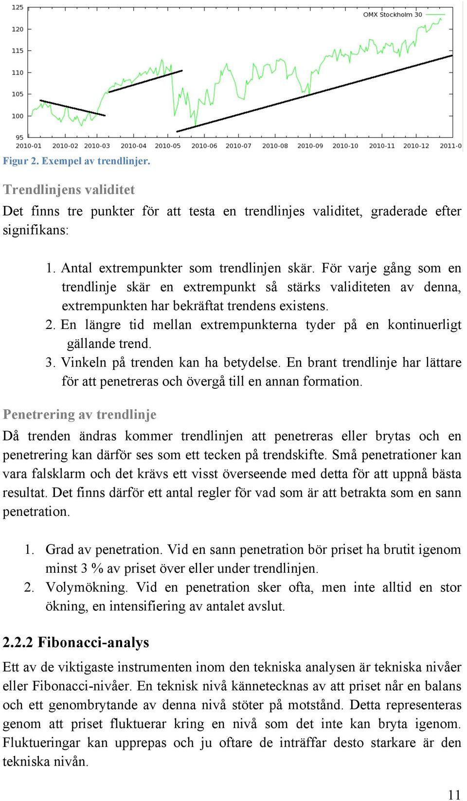 En längre tid mellan extrempunkterna tyder på en kontinuerligt gällande trend. 3. Vinkeln på trenden kan ha betydelse.