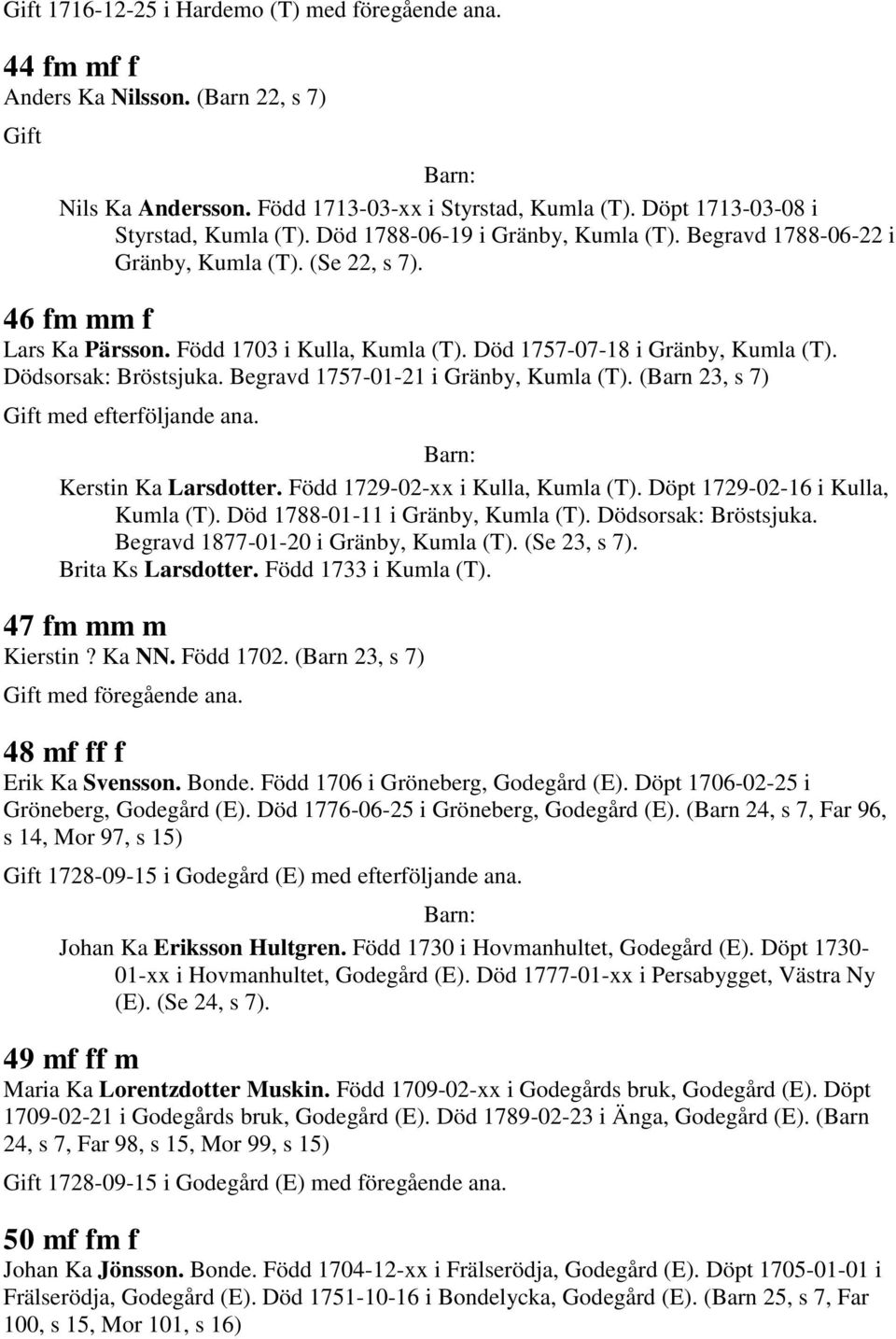 Dödsorsak: Bröstsjuka. Begravd 1757-01-21 i Gränby, Kumla (T). (Barn 23, s 7) Kerstin Ka Larsdotter. Född 1729-02-xx i Kulla, Kumla (T). Döpt 1729-02-16 i Kulla, Kumla (T).