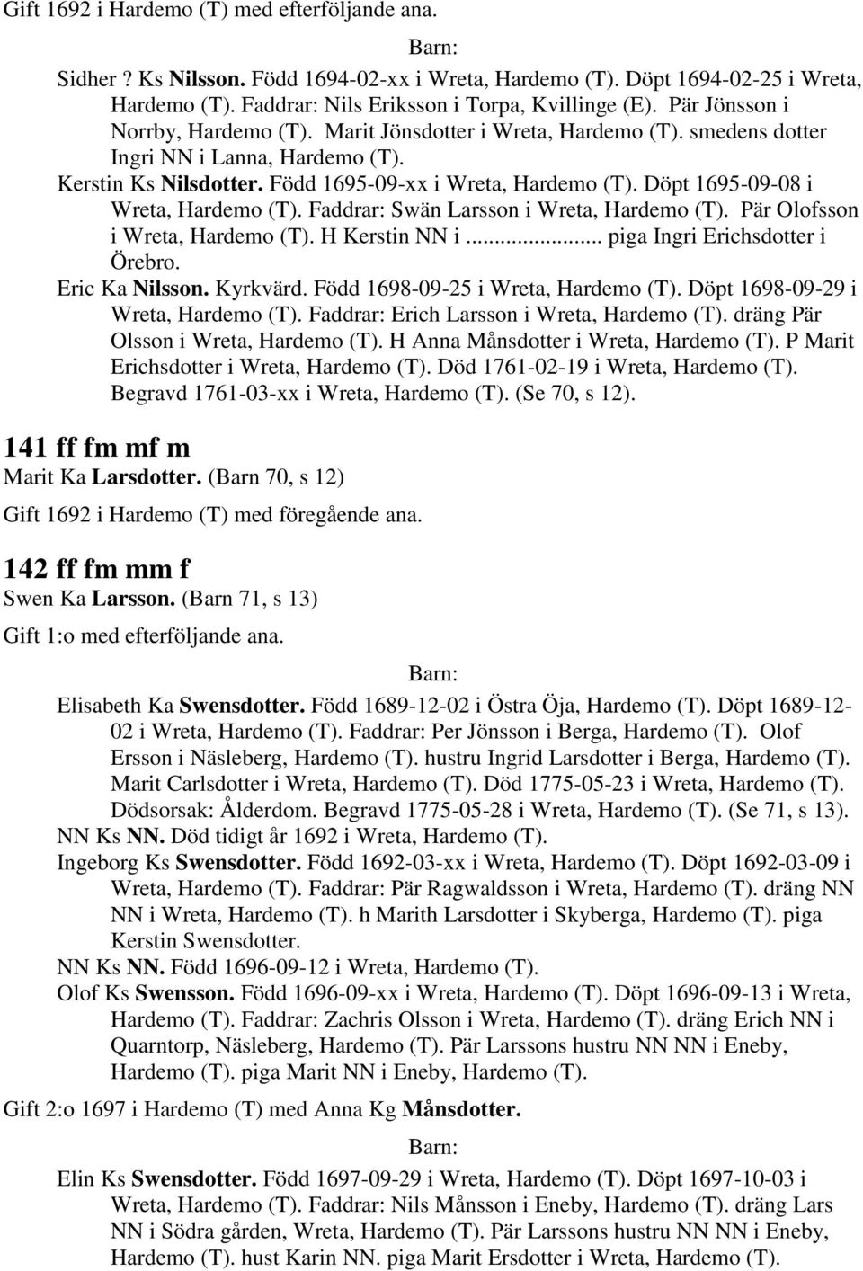 Döpt 1695-09-08 i Wreta, Hardemo (T). Faddrar: Swän Larsson i Wreta, Hardemo (T). Pär Olofsson i Wreta, Hardemo (T). H Kerstin NN i... piga Ingri Erichsdotter i Örebro. Eric Ka Nilsson. Kyrkvärd.