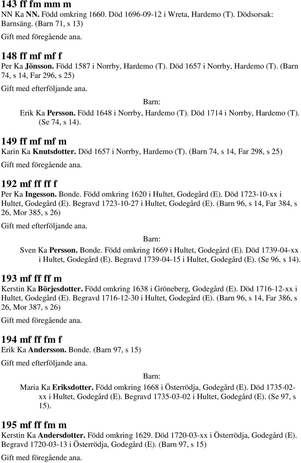 Död 1657 i Norrby, Hardemo (T). (Barn 74, s 14, Far 298, s 25) 192 mf ff ff f Per Ka Ingesson. Bonde. Född omkring 1620 i Hultet, Godegård (E). Död 1723-10-xx i Hultet, Godegård (E).