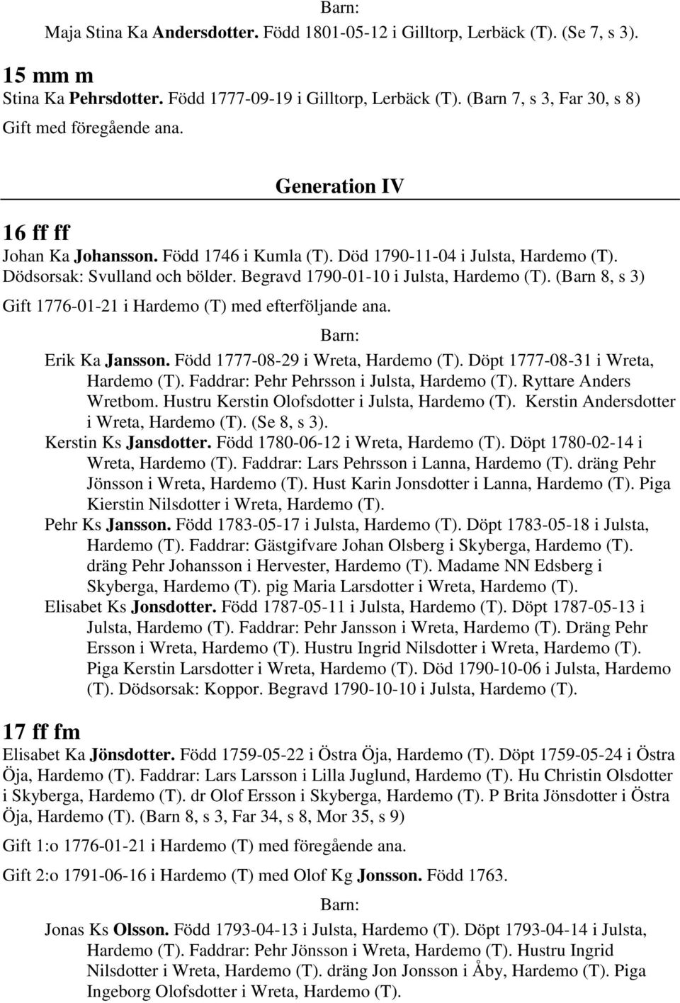 Begravd 1790-01-10 i Julsta, Hardemo (T). (Barn 8, s 3) 1776-01-21 i Hardemo (T) med efterföljande ana. Erik Ka Jansson. Född 1777-08-29 i Wreta, Hardemo (T). Döpt 1777-08-31 i Wreta, Hardemo (T).