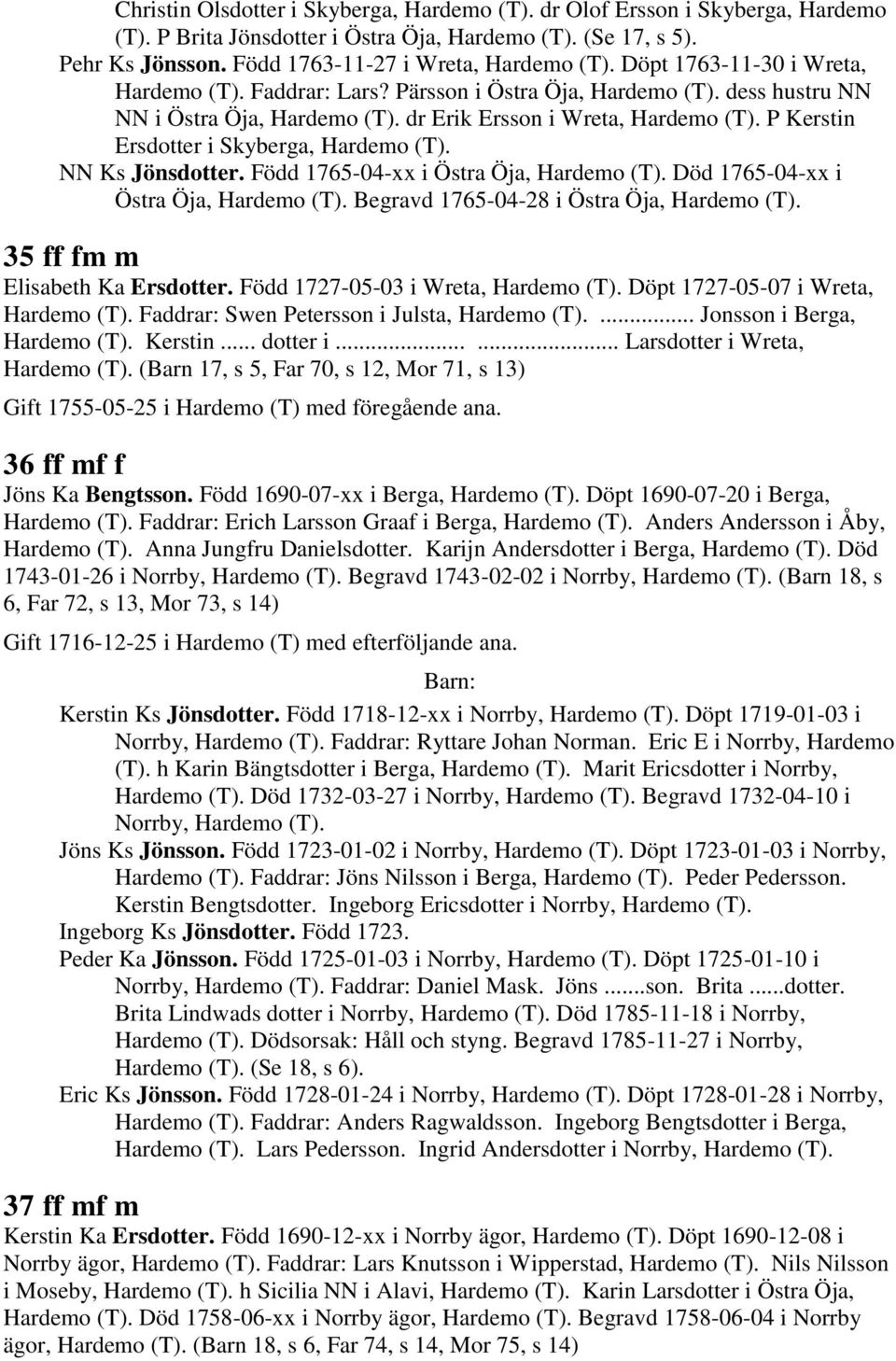 P Kerstin Ersdotter i Skyberga, Hardemo (T). NN Ks Jönsdotter. Född 1765-04-xx i Östra Öja, Hardemo (T). Död 1765-04-xx i Östra Öja, Hardemo (T). Begravd 1765-04-28 i Östra Öja, Hardemo (T).