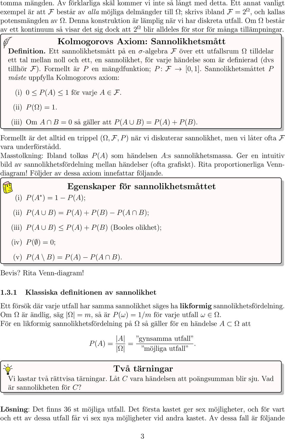 Kolmogorovs Axiom: Sannolikhetsmått Definition.