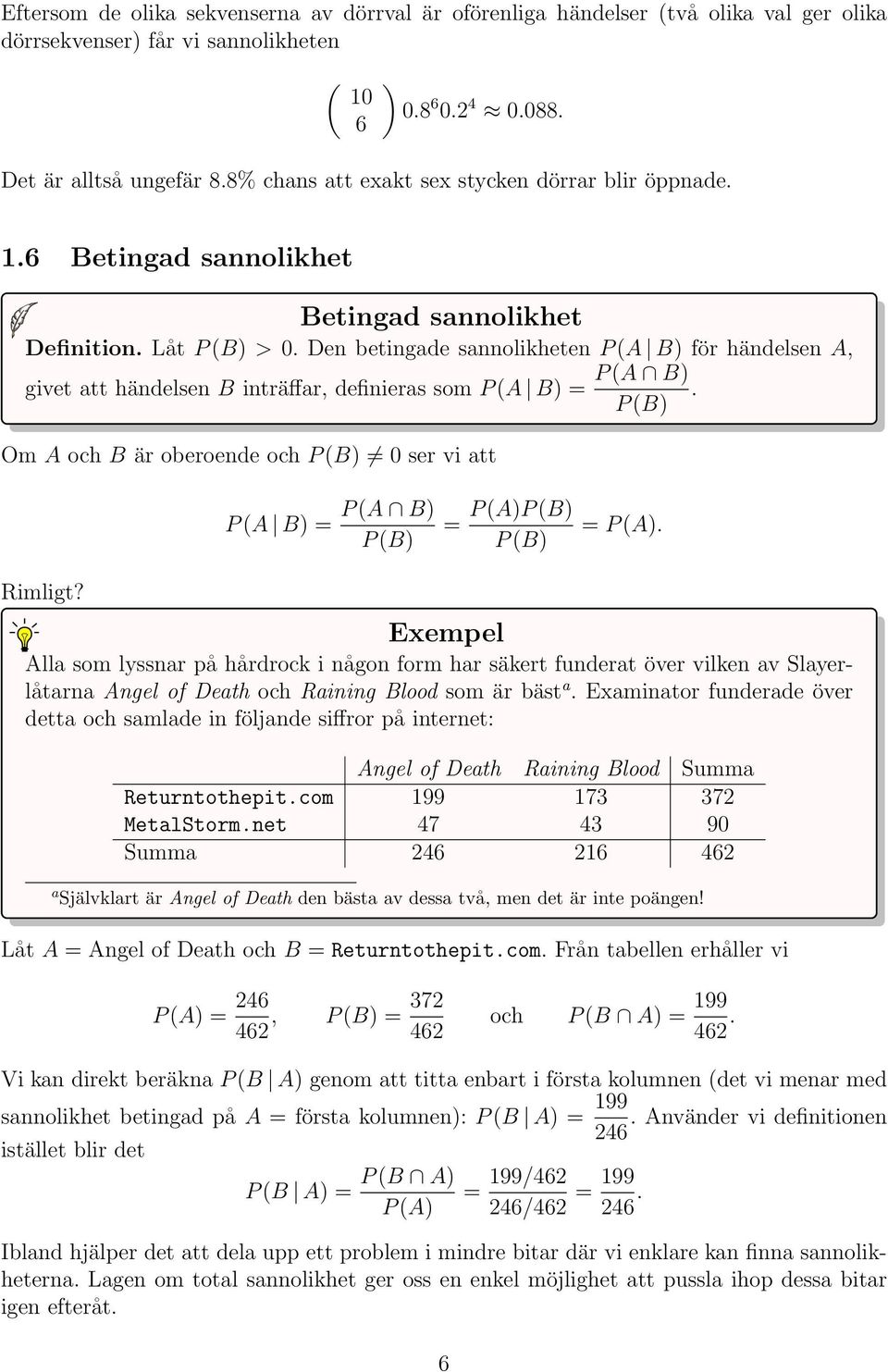 Den betingade sannolikheten P (A B för händelsen A, P (A B givet att händelsen B inträffar, definieras som P (A B =.