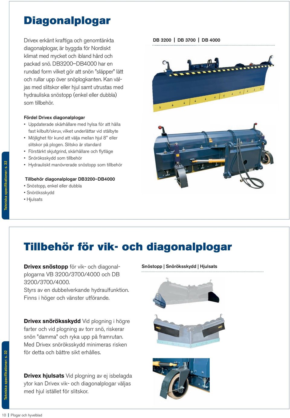 Kan väljas med slitskor eller hjul samt utrustas med hydrauliska snöstopp (enkel eller dubbla) som tillbehör. DB 3200 DB 3700 DB 4000 Tekniska specifikationer: s. 32 Tekniska specifikationer: s.