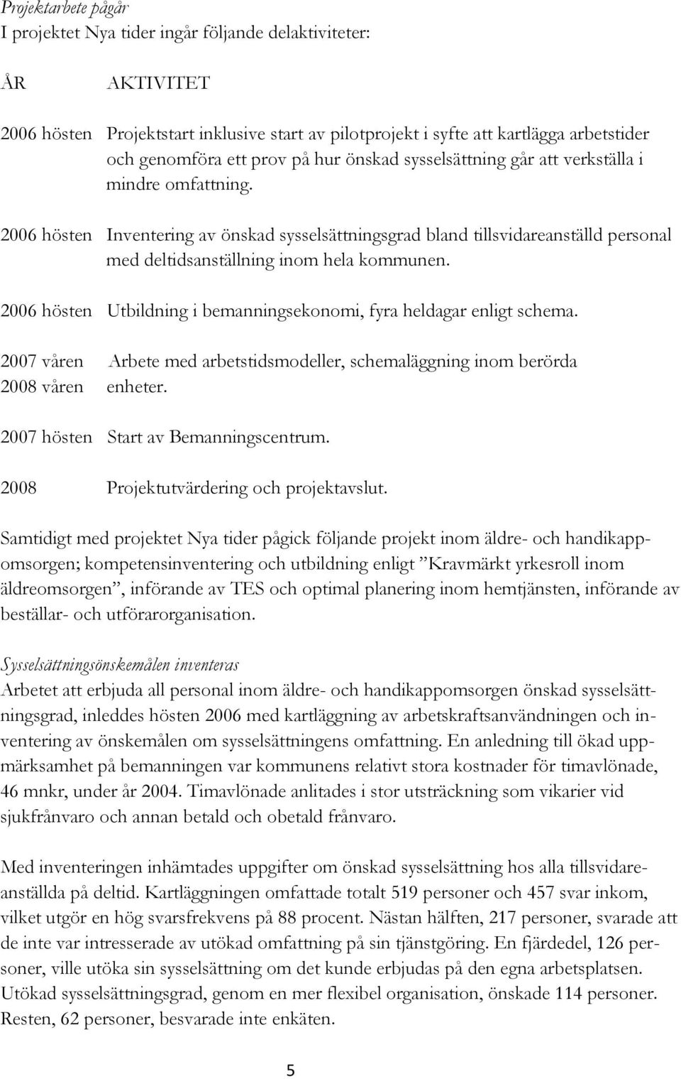 2006 hösten Utbildning i bemanningsekonomi, fyra heldagar enligt schema. 2007 våren Arbete med arbetstidsmodeller, schemaläggning inom berörda 2008 våren enheter.