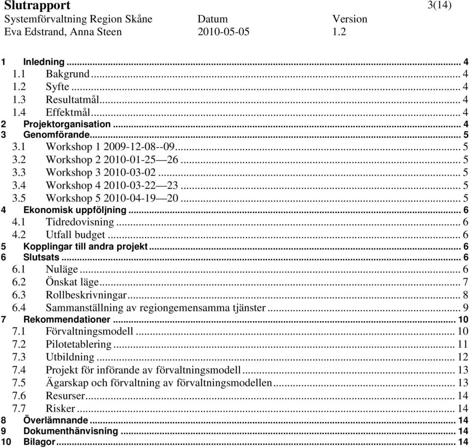 .. 6 5 6 Kopplingar till andra projekt... 6 Slutsats... 6 6.1 Nuläge... 6 6.2 Önskat läge... 7 6.3 Rollbeskrivningar... 8 6.4 Sammanställning av regiongemensamma tjänster... 9 7 Rekommendationer.