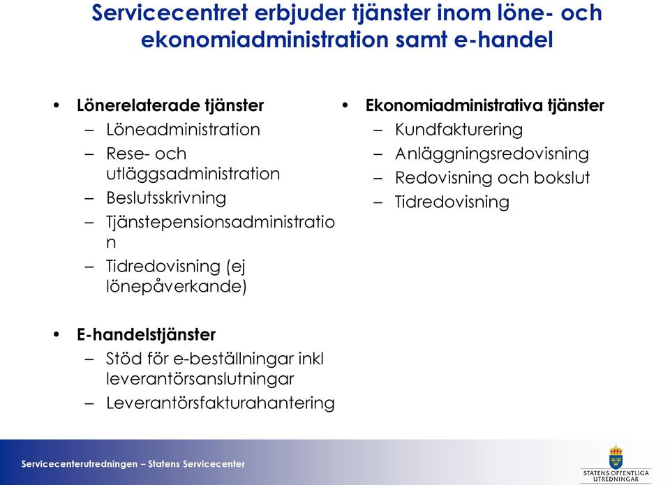 Tidredovisning (ej lönepåverkande) Ekonomiadministrativa tjänster Kundfakturering Anläggningsredovisning