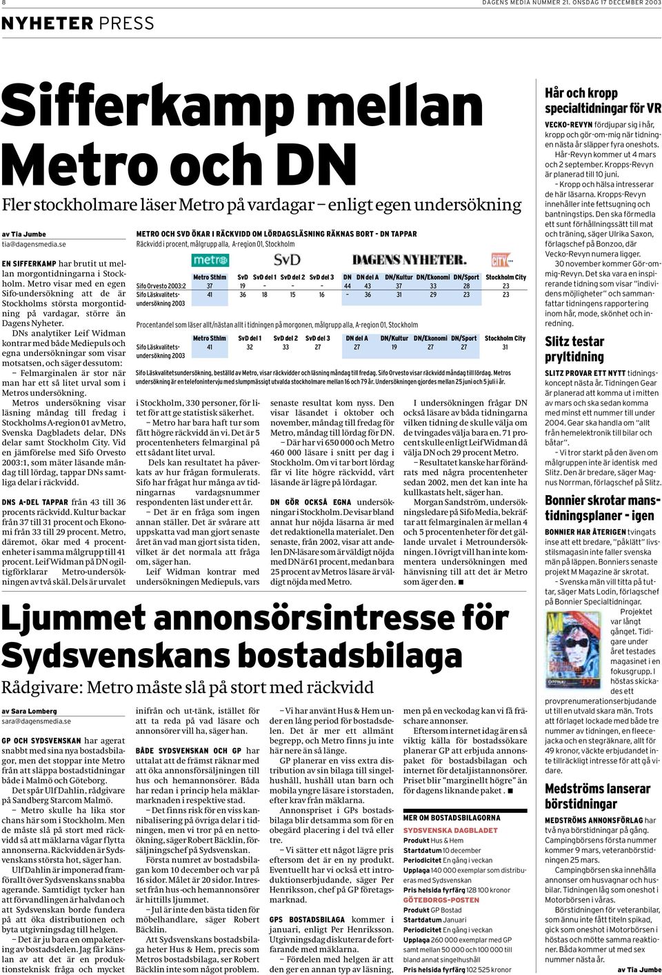 DNs analytiker Leif Widman kontrar med både Mediepuls och egna undersökningar som visar motsatsen, och säger dessutom: Felmarginalen är stor när man har ett så litet urval som i Metros undersökning.