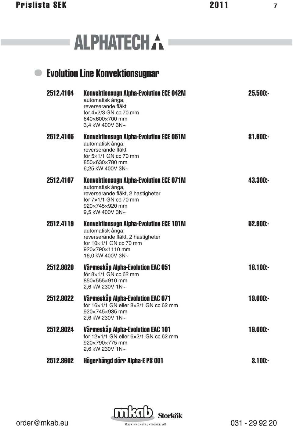 600:- automatisk ånga, reverserande fläkt för 5 1/1 GN cc 70 mm 850 630 780 mm 6,25 kw 400V 3N~ 2512.4107 Konvektionsugn Alpha-Evolution ECE 071M 43.