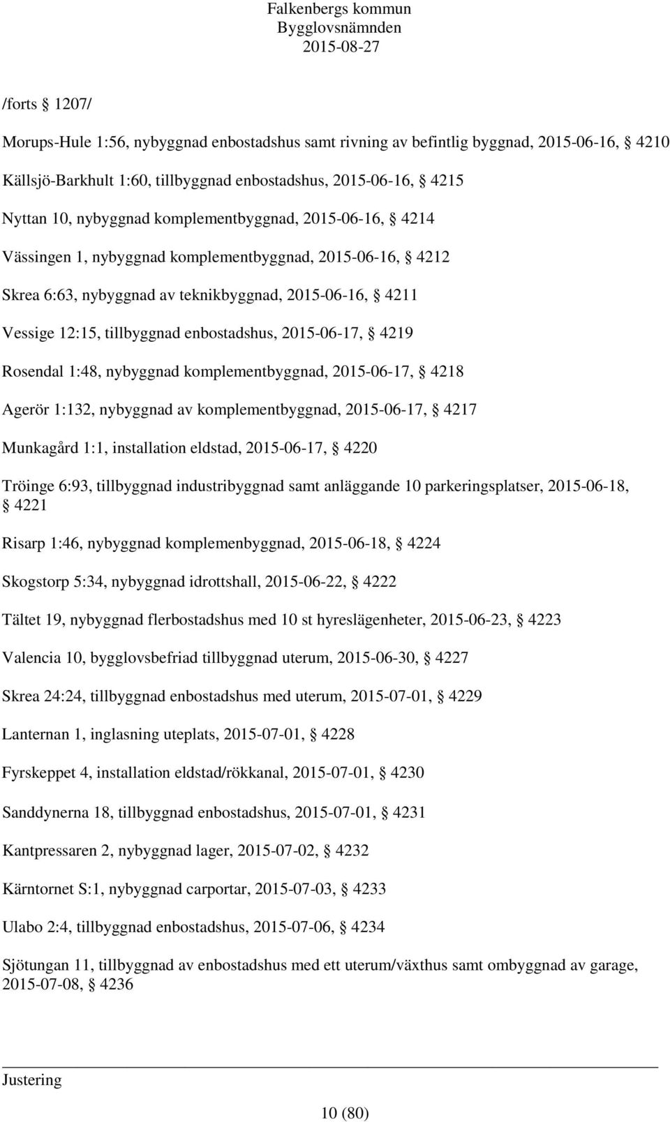 2015-06-17, 4219 Rosendal 1:48, nybyggnad komplementbyggnad, 2015-06-17, 4218 Agerör 1:132, nybyggnad av komplementbyggnad, 2015-06-17, 4217 Munkagård 1:1, installation eldstad, 2015-06-17, 4220