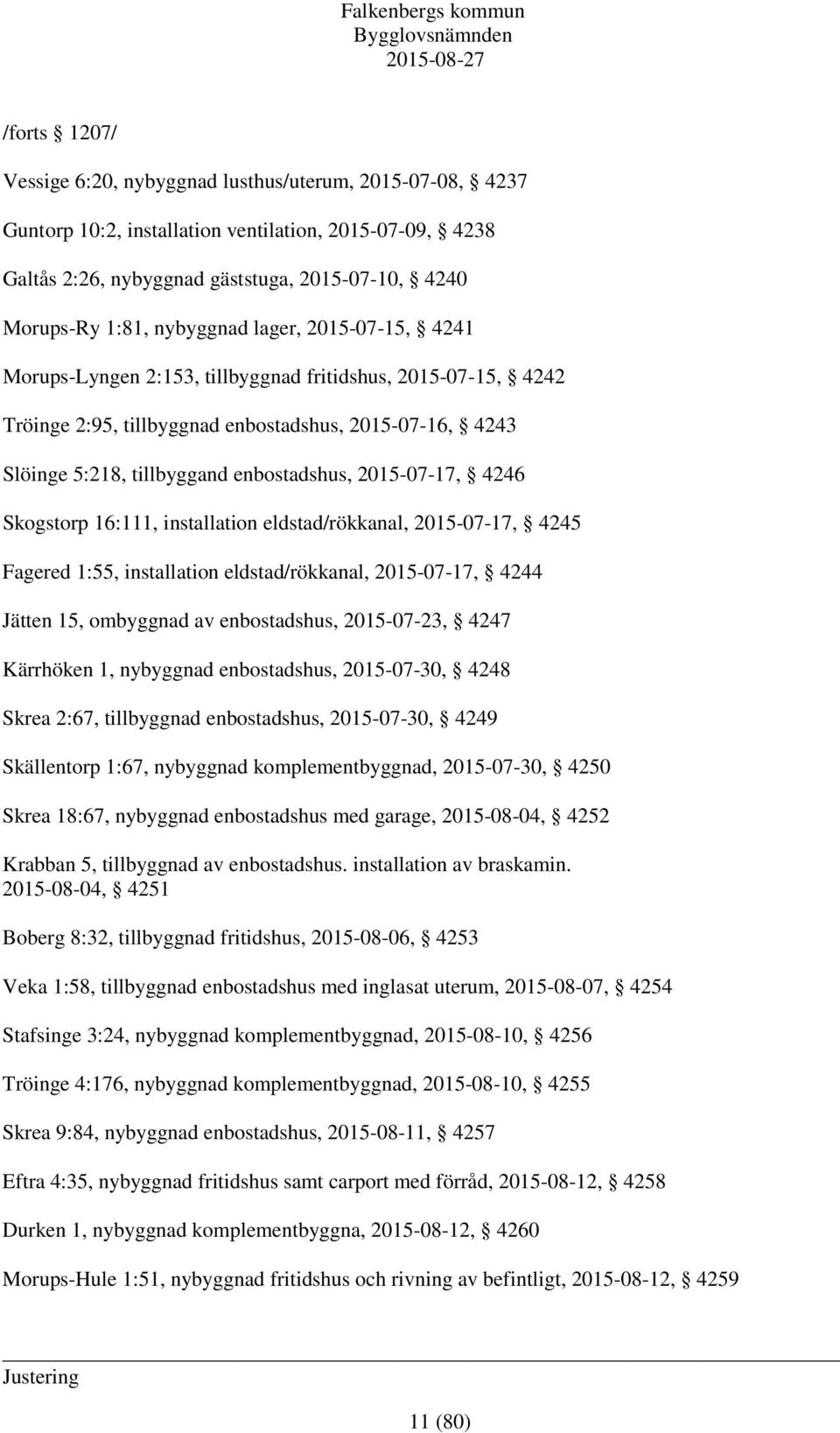 2015-07-17, 4246 Skogstorp 16:111, installation eldstad/rökkanal, 2015-07-17, 4245 Fagered 1:55, installation eldstad/rökkanal, 2015-07-17, 4244 Jätten 15, ombyggnad av enbostadshus, 2015-07-23, 4247